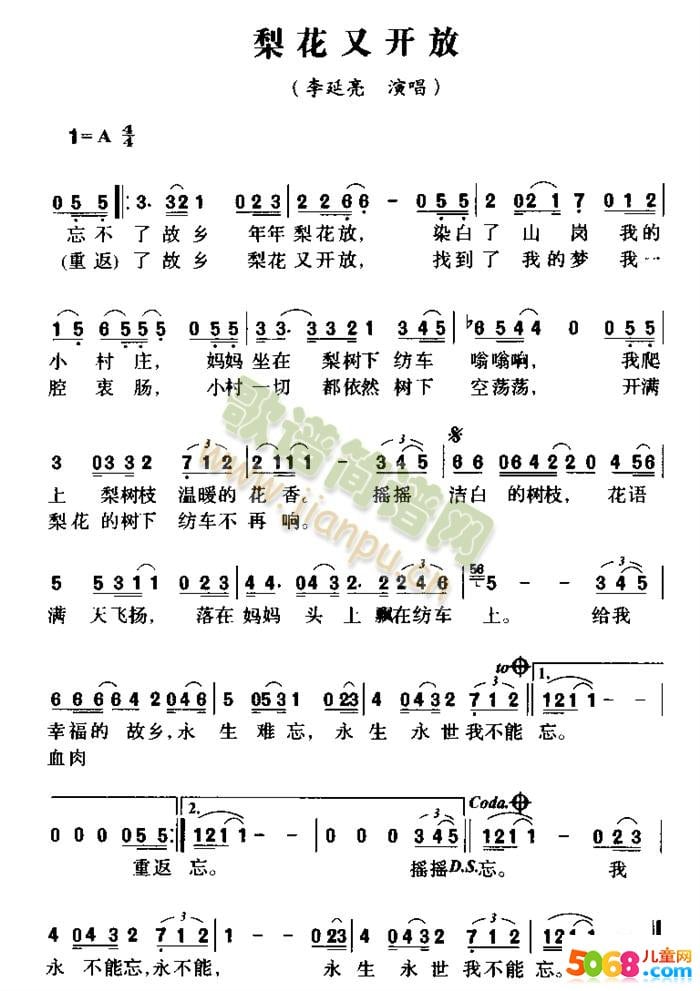 李延亮《梨花又开放》简谱与歌词